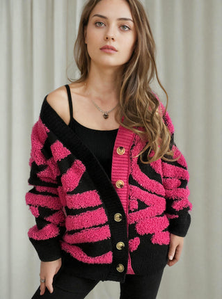 Long Sleeve Zebra Pattern Large Size Cardigan Button Knit Sweater Women
