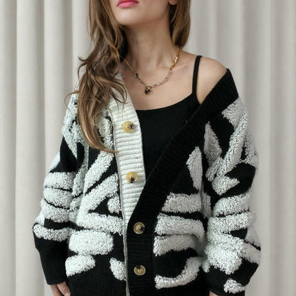 Long Sleeve Zebra Pattern Large Size Cardigan Button Knit Sweater Women