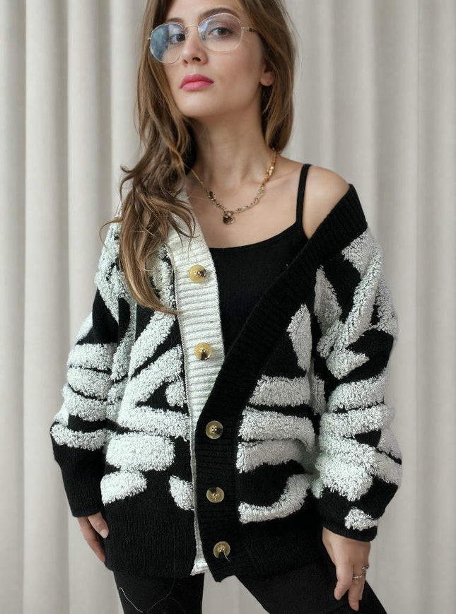 Long Sleeve Zebra Pattern Large Size Cardigan Button Knit Sweater Women