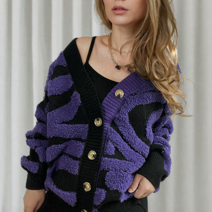 Long Sleeve Zebra Pattern Large Size Cardigan Button Knit Sweater Women