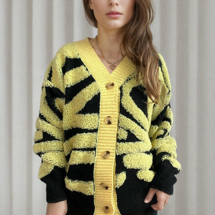 Long Sleeve Zebra Pattern Large Size Cardigan Button Knit Sweater Women