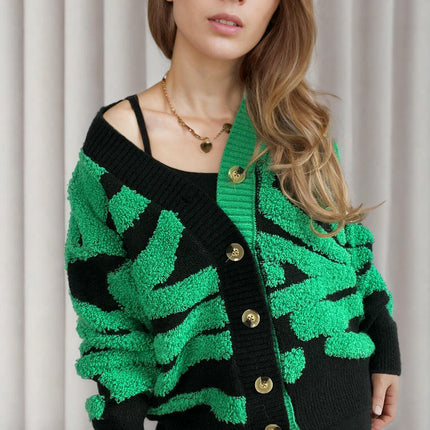 Long Sleeve Zebra Pattern Large Size Cardigan Button Knit Sweater Women