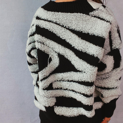 Long Sleeve Zebra Pattern Large Size Cardigan Button Knit Sweater Women