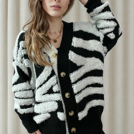 Long Sleeve Zebra Pattern Large Size Cardigan Button Knit Sweater Women