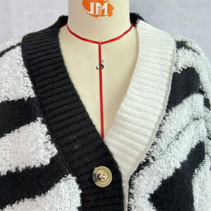 Long Sleeve Zebra Pattern Large Size Cardigan Button Knit Sweater Women