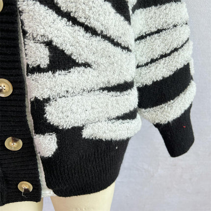 Long Sleeve Zebra Pattern Large Size Cardigan Button Knit Sweater Women