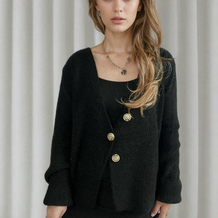 Women's Solid Color V-neck Irregular Button Long Sleeve Knitted Cardigan Jacket