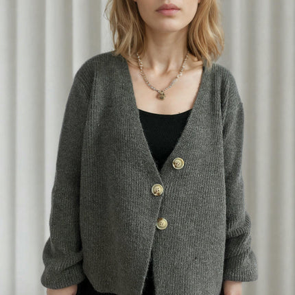 Women's Solid Color V-neck Irregular Button Long Sleeve Knitted Cardigan Jacket
