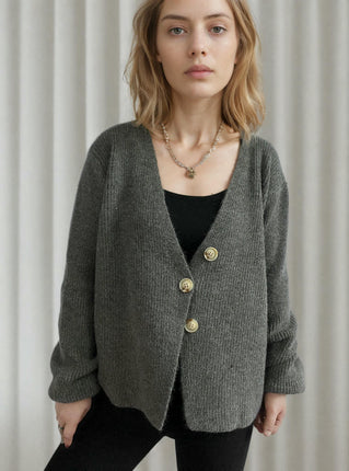 Women's Solid Color V-neck Irregular Button Long Sleeve Knitted Cardigan Jacket