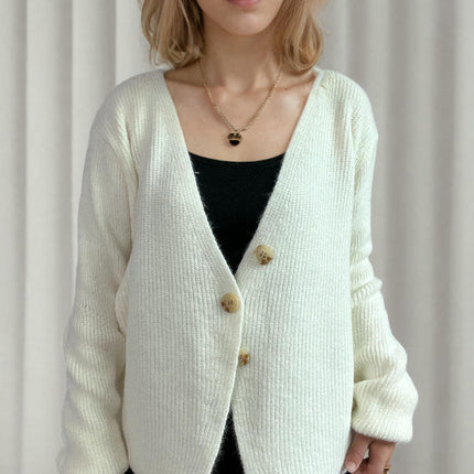 Women's Solid Color V-neck Irregular Button Long Sleeve Knitted Cardigan Jacket