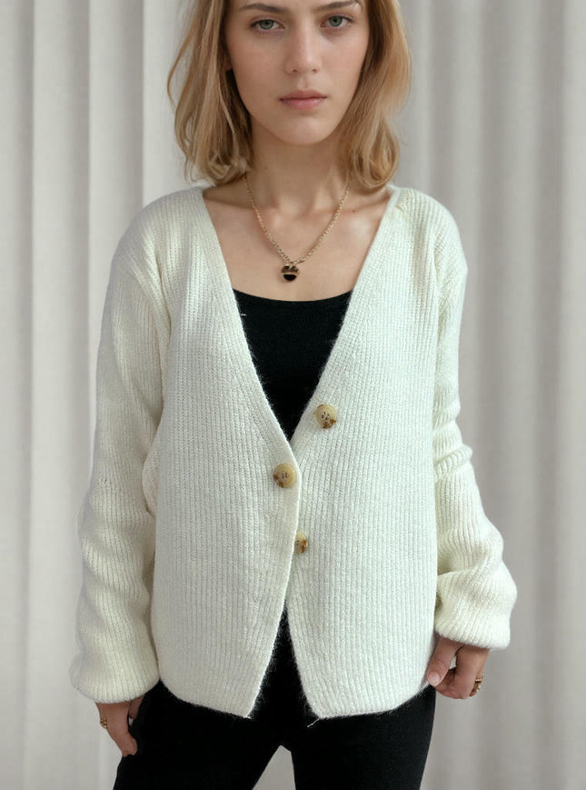 Women's Solid Color V-neck Irregular Button Long Sleeve Knitted Cardigan Jacket