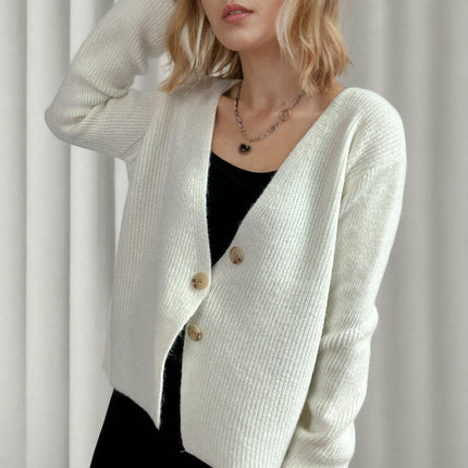 Women's Solid Color V-neck Irregular Button Long Sleeve Knitted Cardigan Jacket