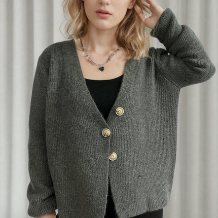 Women's Solid Color V-neck Irregular Button Long Sleeve Knitted Cardigan Jacket