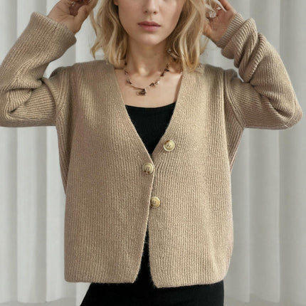 Women's Solid Color V-neck Irregular Button Long Sleeve Knitted Cardigan Jacket