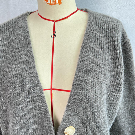 Women's Solid Color V-neck Irregular Button Long Sleeve Knitted Cardigan Jacket