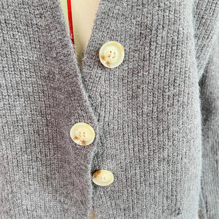 Women's Solid Color V-neck Irregular Button Long Sleeve Knitted Cardigan Jacket