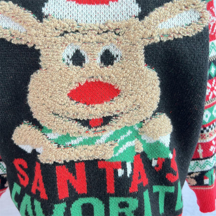 Womens Casual Cartoon Elk Pullover Sweater Long Sleeve Cartoon Christmas Sweater