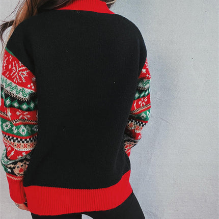 Womens Casual Cartoon Elk Pullover Sweater Long Sleeve Cartoon Christmas Sweater