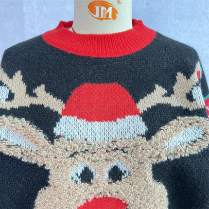 Womens Casual Cartoon Elk Pullover Sweater Long Sleeve Cartoon Christmas Sweater