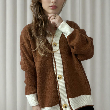 Women's Winter Retro Knitted Cardigan Top - V-Neck Contrast Color Sweater Jacket