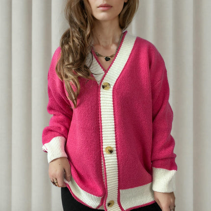 Women's Winter Retro Knitted Cardigan Top - V-Neck Contrast Color Sweater Jacket