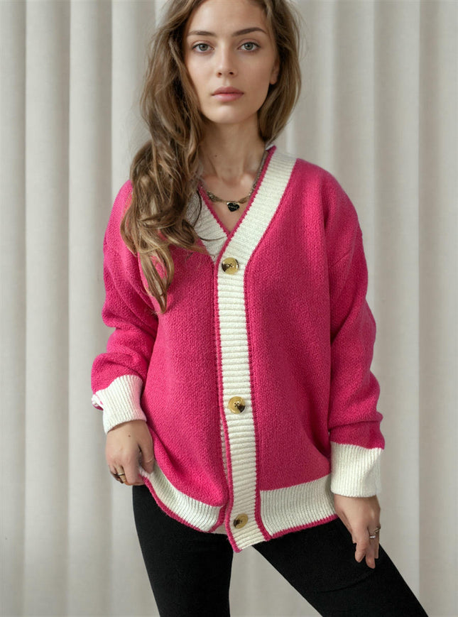 Women's Winter Retro Knitted Cardigan Top - V-Neck Contrast Color Sweater Jacket