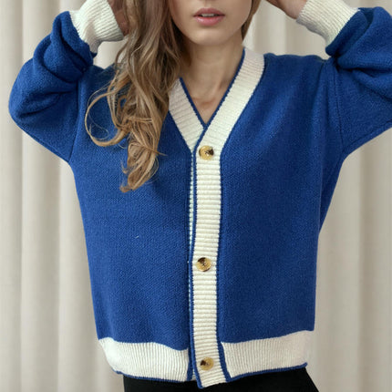 Women's Winter Retro Knitted Cardigan Top - V-Neck Contrast Color Sweater Jacket