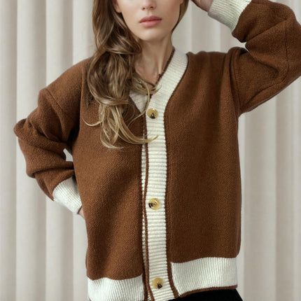 Women's Winter Retro Knitted Cardigan Top - V-Neck Contrast Color Sweater Jacket