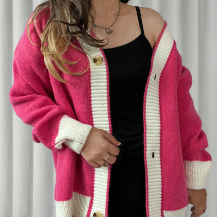 Women's Winter Retro Knitted Cardigan Top - V-Neck Contrast Color Sweater Jacket