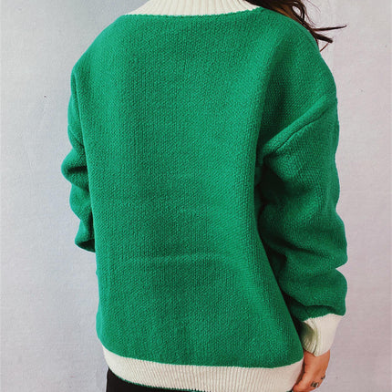 Women's Winter Retro Knitted Cardigan Top - V-Neck Contrast Color Sweater Jacket