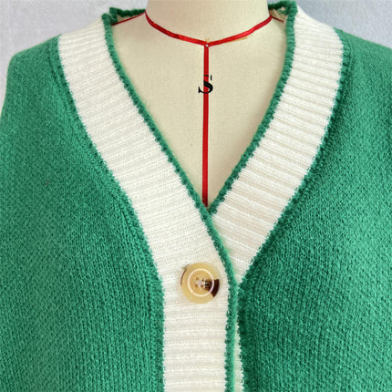 Women's Winter Retro Knitted Cardigan Top - V-Neck Contrast Color Sweater Jacket