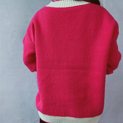 Women's Winter Retro Knitted Cardigan Top - V-Neck Contrast Color Sweater Jacket