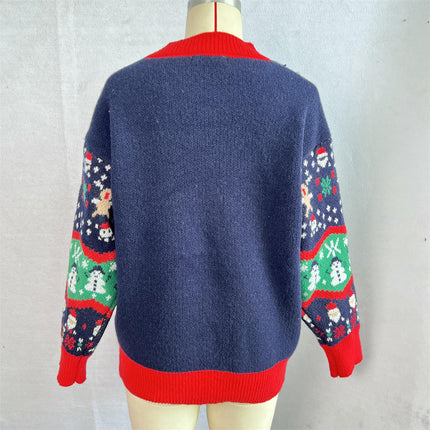 Christmas Theme Knitted Jacquard Sweater Loose Round Neck Long Sleeve Pullover