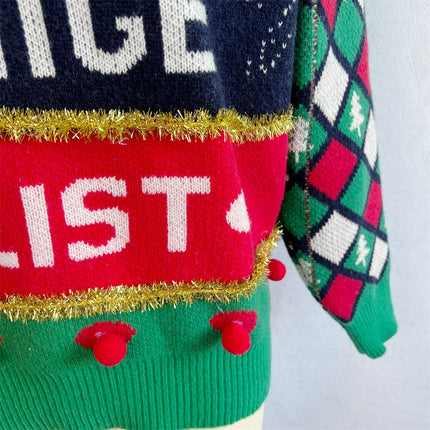Women's Letter Jacquard Fur Ball Christmas Sweater Round Neck Pullover Cardigan