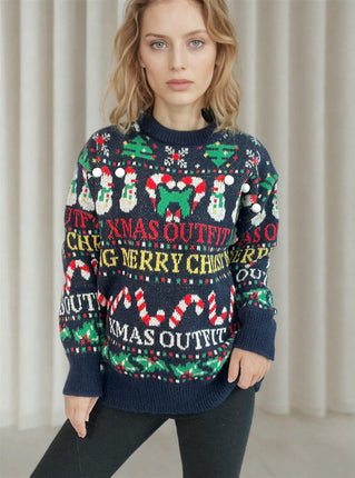 Women's Christmas Tree Snowman Knitted Long Sleeve Pullover Christmas Sweater