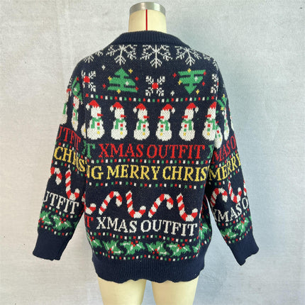 Women's Christmas Tree Snowman Knitted Long Sleeve Pullover Christmas Sweater