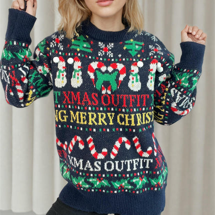Women's Christmas Tree Snowman Knitted Long Sleeve Pullover Christmas Sweater