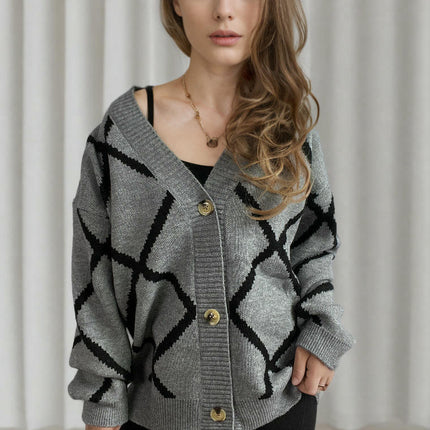 Women's Loose V-Neck Diamond Contrast Pattern Knitted Cardigan Sweater Jacket