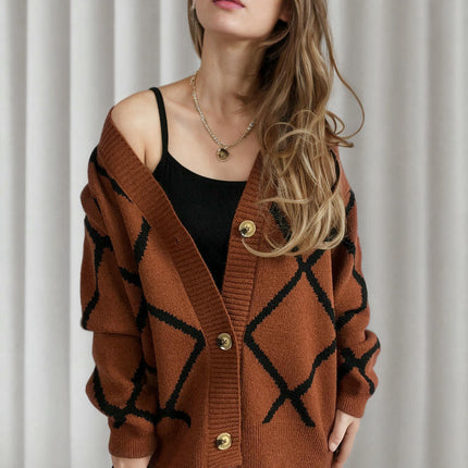 Women's Loose V-Neck Diamond Contrast Pattern Knitted Cardigan Sweater Jacket