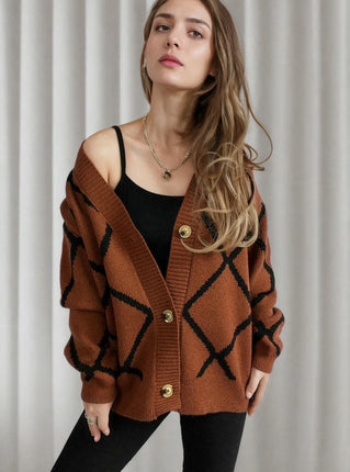 Women's Loose V-Neck Diamond Contrast Pattern Knitted Cardigan Sweater Jacket