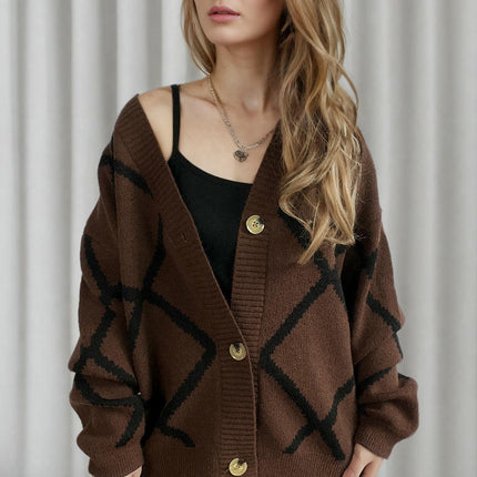 Women's Loose V-Neck Diamond Contrast Pattern Knitted Cardigan Sweater Jacket