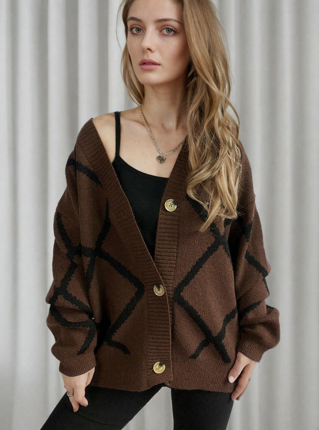 Women's Loose V-Neck Diamond Contrast Pattern Knitted Cardigan Sweater Jacket