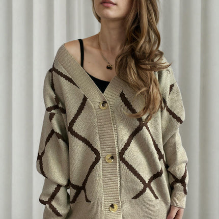 Women's Loose V-Neck Diamond Contrast Pattern Knitted Cardigan Sweater Jacket