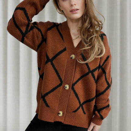 Women's Loose V-Neck Diamond Contrast Pattern Knitted Cardigan Sweater Jacket