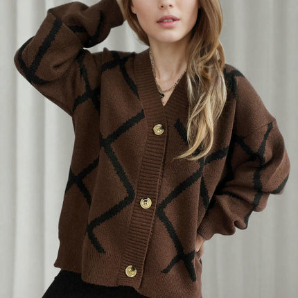 Women's Loose V-Neck Diamond Contrast Pattern Knitted Cardigan Sweater Jacket