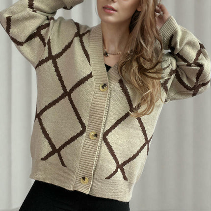 Women's Loose V-Neck Diamond Contrast Pattern Knitted Cardigan Sweater Jacket