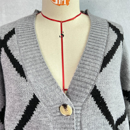 Women's Loose V-Neck Diamond Contrast Pattern Knitted Cardigan Sweater Jacket