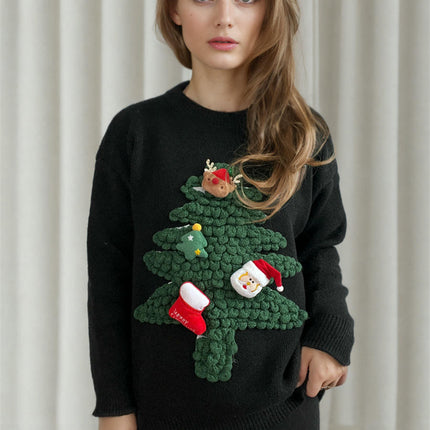 3D Flocking Christmas Tree Sweater Loose Round Neck Christmas Sweater Women