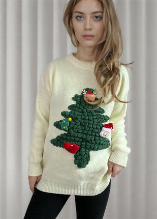 3D Flocking Christmas Tree Sweater Loose Round Neck Christmas Sweater Women