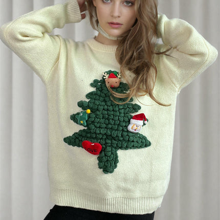 3D Flocking Christmas Tree Sweater Loose Round Neck Christmas Sweater Women